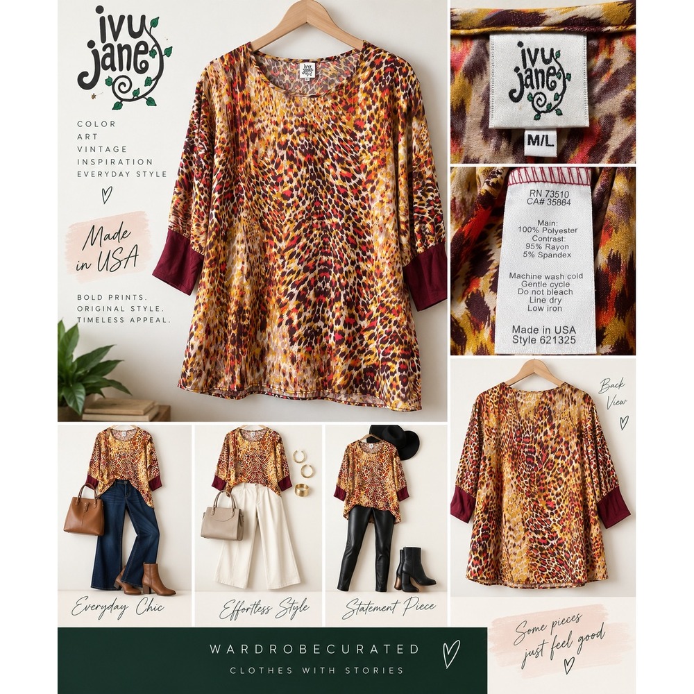 Ivy Jane Animal Leopard Print Tunic Top 3/4 Sleeve Made USA Boho ML 621325